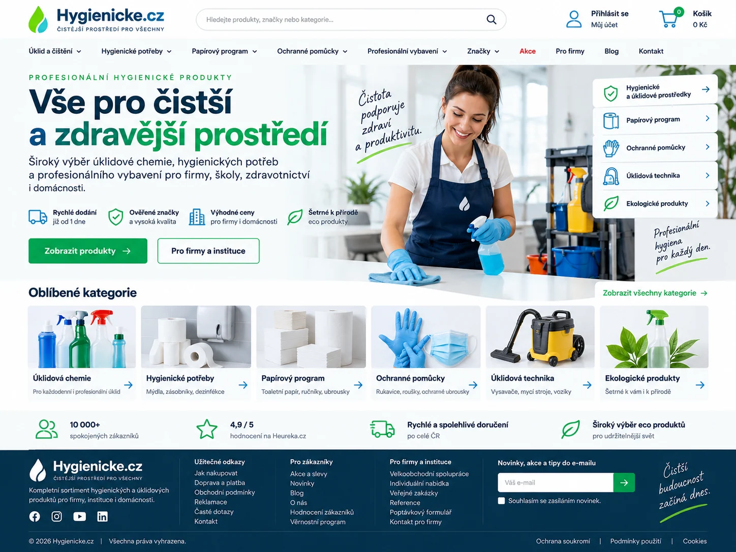 Ilustrační návrh Hygienicke.cz jako e-shopu s úklidovou chemií, hygienickými potřebami, ochrannými pomůckami a technikou